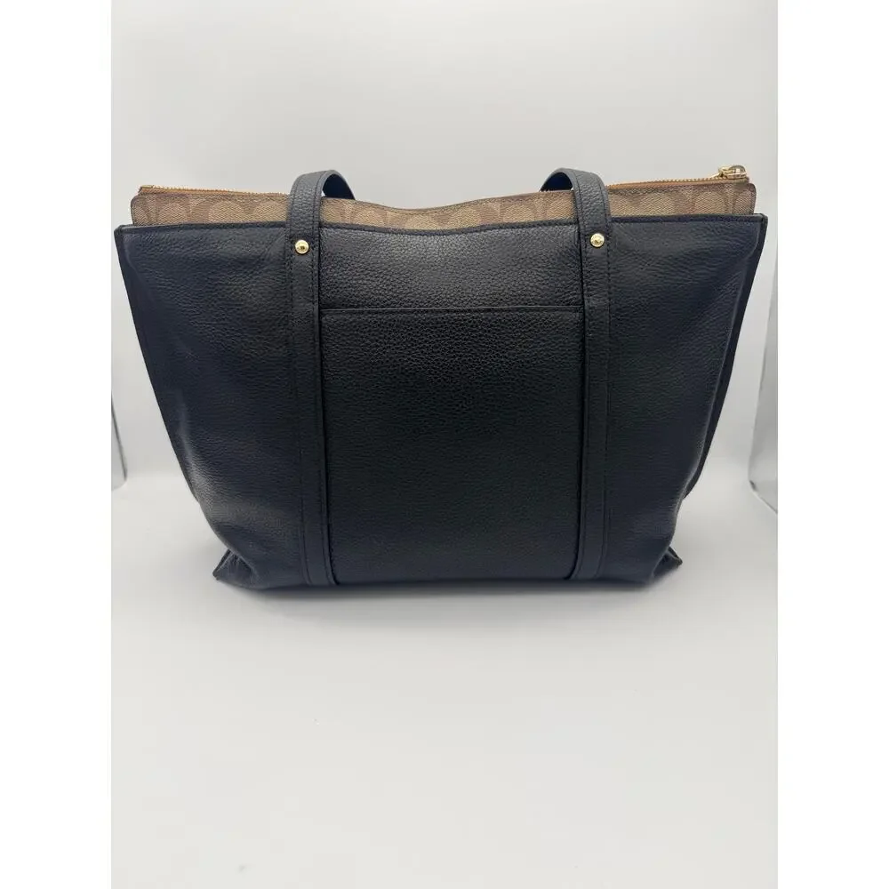 Coach May Tote in Refined Pebble Leather with Signature Canvas Detail - Black